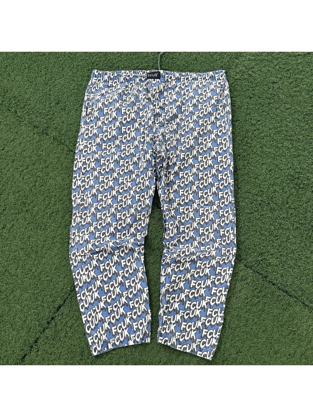 FCUK Blue All Over Logo Print Cotton Pants Men L Pocket Streetwear Y2K Baggy
